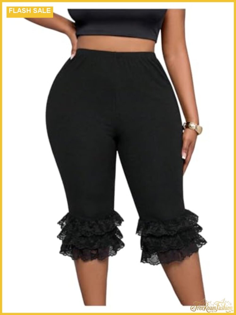 Plus Size Capri Leggings Lace Ruffle Tiered High Waist Slim Fit Women's Pants
